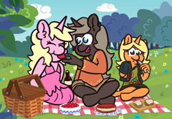 Size: 1300x900 | Tagged: safe, artist:threetwotwo32232, oc, oc only, oc:eureka, oc:parch well, oc:tangy mandarin, pony, unicorn, female, food, mare, pinnic