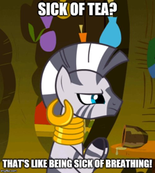 Size: 500x559 | Tagged: safe, edit, edited screencap, screencap, zecora, zebra, magic duel, annoyed, avatar the last airbender, caption, cropped, food, frown, image macro, imgflip, impact font, interior, iroh, meme, solo, spill, table, tea, text, zecora's hut