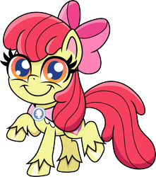 Size: 3000x3394 | Tagged: safe, artist:cloudyglow, apple bloom, earth pony, pony, my little pony: pony life, adorabloom, chibi, cute, female, goldie delicious' scarf, happy, looking at you, mare, older, older apple bloom, raised hoof, simple background, smiling, solo, transparent background, unshorn fetlocks