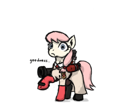 Size: 1200x1000 | Tagged: safe, artist:trefoiler, derpibooru exclusive, oc, oc:hope blossoms, earth pony, pony, boots, clothes, colored sketch, colt quest, crossover, female, gloves, lab coat, mare, medic, medigun, shoes, simple background, sketch, solo, team fortress 2, white background, wide eyes