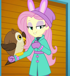Size: 997x1080 | Tagged: safe, screencap, fluttershy, bird, owl, better together, equestria girls, holidays unwrapped, chad (owl), clothes, coat, cropped, cute, female, fluttershy's winter hat, gloves, hat, lidded eyes, mittens, self-storage facility, shyabetes, winter break-in, winter coat, winter outfit