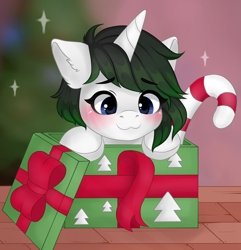 Size: 2990x3100 | Tagged: safe, artist:yourmeow, oc, oc only, oc:vex vixen, pony, unicorn, blushing, box, candy, candy cane, christmas, cute, female, filly, food, holiday, pony in a box, present, short hair, solo