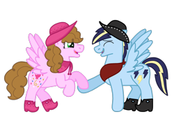 Size: 2048x1536 | Tagged: safe, artist:kindheart525, oc, oc only, oc:confetti surprise, oc:lightning bolt, pegasus, pony, bandana, boots, cowboy boots, cowboy hat, dancing, female, hat, kindverse, male, offspring, offspring shipping, parent:cheese sandwich, parent:pinkie pie, parent:rainbow dash, parent:soarin', parents:cheesepie, parents:soarindash, shipping, straight