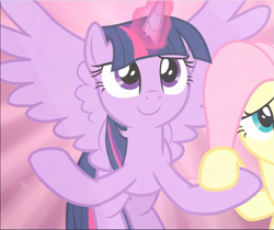 Size: 1119x941 | Tagged: safe, screencap, fluttershy, twilight sparkle, twilight sparkle (alicorn), alicorn, pegasus, pony, the beginning of the end, cropped, cute, female, flying, glowing horn, horn, magic, magic aura, mare, offscreen character, smiling, solo focus, spread wings, twiabetes, wings