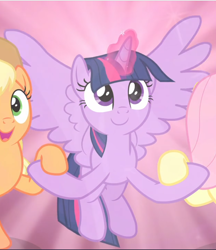 Size: 814x942 | Tagged: safe, screencap, applejack, fluttershy, twilight sparkle, twilight sparkle (alicorn), alicorn, earth pony, pegasus, pony, the beginning of the end, cropped, cute, female, flying, glowing horn, holding hooves, horn, magic, magic aura, mare, offscreen character, open mouth, smiling, solo focus, spread wings, twiabetes, wings