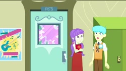 Size: 1280x720 | Tagged: safe, screencap, bright idea, starlight, epic fails (equestria girls), eqg summertime shorts, equestria girls, background human, door, female, lockers, male, shocked, written equestrian