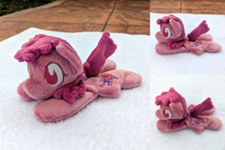 Size: 2382x1588 | Tagged: safe, artist:plushbyanto, berry punch, berryshine, earth pony, pony, beanie (plushie), chibi, female, irl, lying down, mare, minky, no mouth, no nostrils, no pupils, photo, plushie, profile, prone, solo, sploot, toy