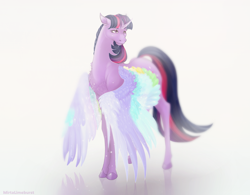 Size: 2265x1765 | Tagged: safe, artist:mirtalimeburst, twilight sparkle, twilight sparkle (alicorn), alicorn, pony, rainbow roadtrip, chest fluff, colored wings, curved horn, female, horn, mare, multicolored wings, simple background, solo, white background, wing bling, wings