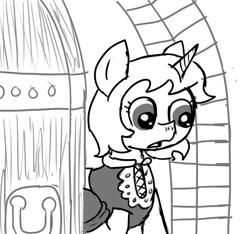 Size: 640x600 | Tagged: safe, artist:ficficponyfic, oc, oc:sweetie candy, pony, unicorn, astonished, clothes, colt quest, cyoa, door, door handle, female, horn, mare, monochrome, solo, story included