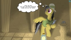 Size: 890x500 | Tagged: safe, artist:quint-t-w, daring do, pegasus, pony, clothes, confused, hat, lantern, magical artifact, old art, pedestal, pith helmet, solo, temple, thought bubble