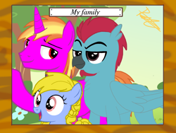 Size: 2048x1536 | Tagged: safe, artist:thunder burst, oc, oc:iron wingheart, oc:quasar(wingman), oc:radiant sky(wingman), earth pony, griffon, hybrid, pony, unicorn, adopted offspring, family, family photo, female, filly, gay, male, married couple, text