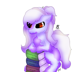 Size: 894x894 | Tagged: safe, artist:embroidered equations, artist:littlepony115, artist:poniesmine, oc, oc only, oc:aggie, earth pony, pony, annoyed, book, cute, ear down, female, fluffy, hair bun, leaning forward, mane, mare, red eyes, shading, solo, splotches, squatting, tail