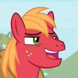 Size: 418x418 | Tagged: safe, screencap, big macintosh, earth pony, pony, the big mac question, cropped, laughing, leering, lidded eyes, male, open mouth, solo, stallion