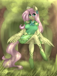 Size: 1536x2048 | Tagged: safe, artist:siripim111, fluttershy, anthro, pegasus, unguligrade anthro, breasts, clothes, dress, female, forest, hootershy, mare, shoes, sitting, solo, tree, tree stump