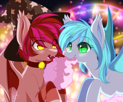 Size: 3125x2599 | Tagged: safe, artist:silberhoernchen, oc, oc:blackberry frost, oc:velvet silverwing, bat pony, pony, bat pony oc, choker, clothes, cotton candy, duo, female, food, hat, mare, nom, socks, witch hat