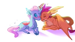 Size: 1024x576 | Tagged: safe, artist:kerui8d, ocellus, smolder, changedling, changeling, dragon, blushing, cute, diaocelles, eyes closed, female, interspecies, lesbian, shipping, simple background, sleeping, smolcellus, smolderbetes, white background