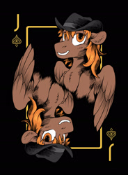 Size: 1642x2234 | Tagged: safe, artist:hobbes-maxwell, oc, oc only, oc:calamity, pegasus, pony, fallout equestria, chest fluff, cowboy hat, dashite, ear fluff, fanfic, fanfic art, grin, hat, male, playing card, smiling, spread wings, stallion, wings