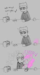 Size: 1143x2126 | Tagged: safe, artist:owlnon, pinkie pie, oc, oc:anon, earth pony, pony, semi-anthro, /mlp/, 4chan, ashtray, bags under eyes, beanie, boombox, cigarette, clothes, comic, dialogue, doomer, hat, hoodie, music notes, partial color, question mark, scrunchy face, smiling, soda can