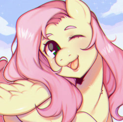 Size: 874x862 | Tagged: safe, artist:doggteethh, fluttershy, pegasus, pony, chromatic aberration, cute, daaaaaaaaaaaw, eyebrows, female, head turn, hnnng, looking at you, mare, one eye closed, open mouth, outdoors, shyabetes, sky, smiling, solo, spread wings, stray strand, wings, wink