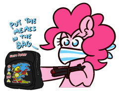 Size: 900x700 | Tagged: safe, artist:threetwotwo32232, derpibooru import, pinkie pie, earth pony, pony, backpack, bag, bandana, female, gun, mare, meme, robbery, simple background, solo, sonic the hedgehog (series), toy gun, transparent background, weapon