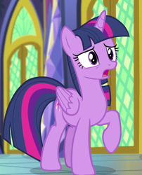 Size: 825x1023 | Tagged: safe, screencap, twilight sparkle, twilight sparkle (alicorn), alicorn, pony, better together, equestria girls, forgotten friendship, castle, confused, female, looking at you, mare, open mouth, raised hoof, solo