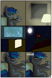 Size: 744x1116 | Tagged: safe, artist:pencil bolt, oc, oc:billy blue, earth pony, mothpony, original species, pony, comic:do not fear, comic, female, game, light, looking at you, male, moon, night, scary