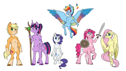 Size: 1462x832 | Tagged: safe, artist:phobicalbino, applejack, fluttershy, pinkie pie, rainbow dash, rarity, twilight sparkle, anthro, centaur, ponytaur, alternate universe, braid, colored wings, ear piercing, earring, female, hands behind back, jewelry, mane six, multicolored wings, piercing, rainbow wings, shield, simple background, socks (coat marking), spread wings, staff, sword, viking au, weapon, white background, wings