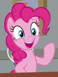 Size: 630x838 | Tagged: safe, screencap, pinkie pie, earth pony, pony, the last laugh, cropped, female, mare, open mouth, raised hoof, solo