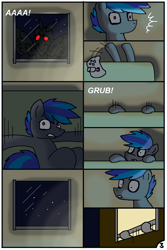 Size: 744x1116 | Tagged: safe, artist:pencil bolt, oc, oc:billy blue, mothpony, original species, pony, comic:do not fear, comic, fear, lamp, light, male, scary