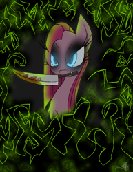 Size: 888x1150 | Tagged: safe, artist:didun850, pinkie pie, earth pony, pony, abstract background, blood, bust, eyelashes, eyeliner, eyeshadow, female, knife, makeup, mare, mouth hold, pinkamena diane pie, solo