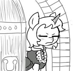 Size: 640x600 | Tagged: safe, artist:ficficponyfic, oc, oc:sweetie candy, pony, unicorn, aggravated, clothes, colt quest, cyoa, door, door handle, eyes closed, female, horn, mare, monochrome, scowl, solo, story included