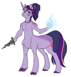 Size: 707x765 | Tagged: safe, artist:phobicalbino, twilight sparkle, unicorn twilight, anthro, ponytaur, taur, unicorn, alternate universe, anthro centaur, cloven hooves, dagger, ear piercing, earring, female, horn, horn ring, jewelry, magic, piercing, scar, simple background, solo, tattoo, torc, viking au, weapon, white background