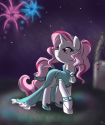 Size: 900x1069 | Tagged: safe, artist:bamboodog, oc, oc only, unicorn, clothes, dress, fireworks, solo