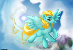 Size: 1024x702 | Tagged: safe, artist:ciderpunk, lightning dust, pegasus, pony, cloud, female, flying, mare, mountain, scenery, sky, solo