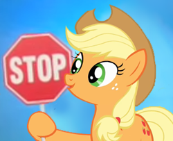 Size: 301x245 | Tagged: safe, derpibooru import, applejack, earth pony, pony, applejack's hat, cowboy hat, hat, hoof hold, jack black, meme, octagon, ponified meme, reaction image, sesame street, solo, stop, stop sign