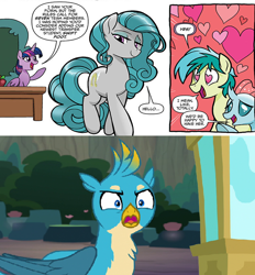 Size: 730x788 | Tagged: safe, artist:tonyfleecs, edit, idw, screencap, gallus, ocellus, sandbar, swift foot, twilight sparkle, twilight sparkle (alicorn), alicorn, changedling, changeling, earth pony, pony, uprooted, spoiler:comic, spoiler:comicfeatsoffriendship01, angry, bedroom eyes, female, heart eyes, implied gallbar, jealous, mare, obsession, wingding eyes