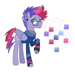 Size: 3595x3431 | Tagged: safe, artist:zapwboltbases, oc, oc only, oc:ultraviolet ray, pegasus, pony, clothes, ear piercing, earring, female, fingerless gloves, glasses, gloves, hoodie, icey-verse, jewelry, lip piercing, magical lesbian spawn, male, mare, multicolored hair, offspring, parent:oc:elizabat stormfeather, parent:tempest shadow, parents:canon x oc, parents:stormshadow, piercing, raised hoof, shirt, simple background, solo, stallion, transparent background, wristband