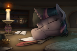 Size: 3000x2000 | Tagged: safe, artist:phoenixrk49, twilight sparkle, pony, book, bust, candle, candy, cute, eyes closed, food, paper, portrait, quill pen, sleeping, solo, twiabetes