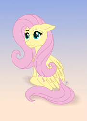 Size: 1085x1500 | Tagged: safe, artist:starshade, fluttershy, pegasus, pony, chest fluff, cute, female, full body, gradient background, mare, sitting, smiling, solo