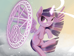 Size: 1680x1280 | Tagged: safe, artist:phoenixrk49, twilight sparkle, twilight sparkle (alicorn), alicorn, pony, female, flying, glowing horn, magic, mare, shield, solo, spread wings, wings