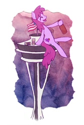 Size: 730x1095 | Tagged: safe, artist:rainspeak, berry punch, berryshine, earth pony, pony, alcohol, drunk, go home you're drunk, seattle, solo, space needle, this will end in death