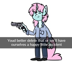 Size: 602x521 | Tagged: safe, artist:spoopygander, oc, oc only, oc:scoops, anthro, plantigrade anthro, bob ross, delet this, gun, handgun, hillary clinton, meme, revolver, solo, text, weapon