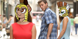 Size: 880x440 | Tagged: safe, artist:anonymous, artist:lockerobster, oc, oc only, oc:brave, oc:honour bound, earth pony, pony, /mlp/, 4chan, annoyed, armor, brave & vannie, distracted boyfriend meme, everyday life with guardsmares, female, guardsmare, mare, meme, royal guard