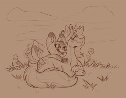 Size: 2732x2124 | Tagged: artist needed, safe, oc, oc only, oc:foxini, oc:scoops, pony, unicorn, cloud, cute, flower, grass, hug, old design, tail wag