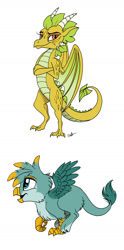 Size: 800x1608 | Tagged: safe, artist:celestial-rainstorm, oc, oc only, oc:cinder, oc:gavin, dragon, griffon, chickub, offspring, parent:gabby, parent:gallus, parent:princess ember, parent:spike, parents:emberspike, parents:gabbus, simple background, white background