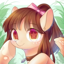 Size: 1700x1700 | Tagged: safe, artist:leafywind, oc, pegasus, pony, bow, bust, choker, colored pupils, female, hair bow, hoof on cheek, leaf, looking at you, mare, ponytail, portrait, smiling, solo, spread wings, starry eyes, wingding eyes, wings