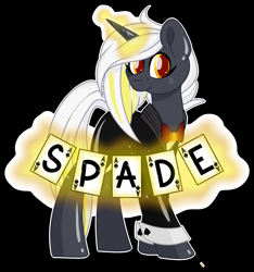 Size: 2302x2455 | Tagged: safe, artist:missmele-madness, oc, oc:spade, pony, unicorn, black background, bowtie, card, clothes, female, magic, mare, simple background, solo, suit