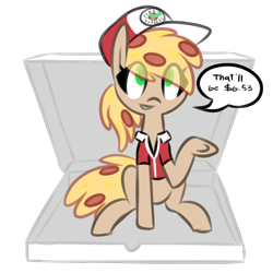 Size: 800x800 | Tagged: safe, artist:provolonepone, oc, oc:peetzer, earth pony, food pony, original species, pizza pony, pony, female, food, mare, pizza box, pizza delivery, ponified, simple background, solo