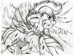 Size: 1022x782 | Tagged: safe, artist:petanoprime, scootaloo, pegasus, pony, crying, female, filly, injured, monochrome, raised hoof, signature, solo, speech, traditional art