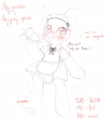 Size: 1642x1914 | Tagged: safe, artist:adostume, oc, oc only, semi-anthro, advertisement, bipedal, blushing, clothes, commission, cute, dress, eyes open, fangs, heart eyes, lineart, maid, master, solo, speech, tray, wingding eyes, your character here